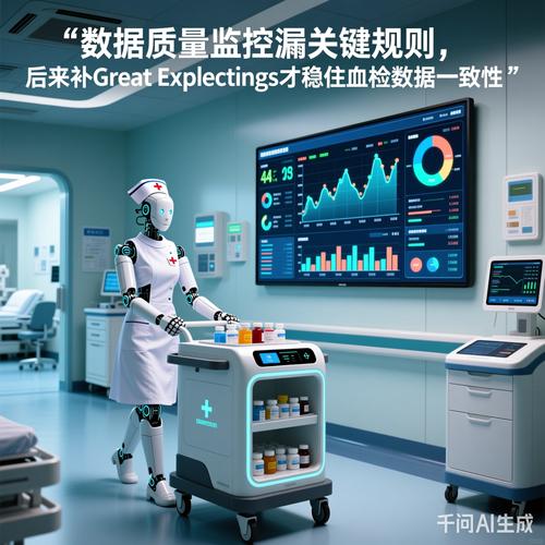 未来医院场景:机器人护士推着智能药车,墙上电子屏显示着动态健康数据